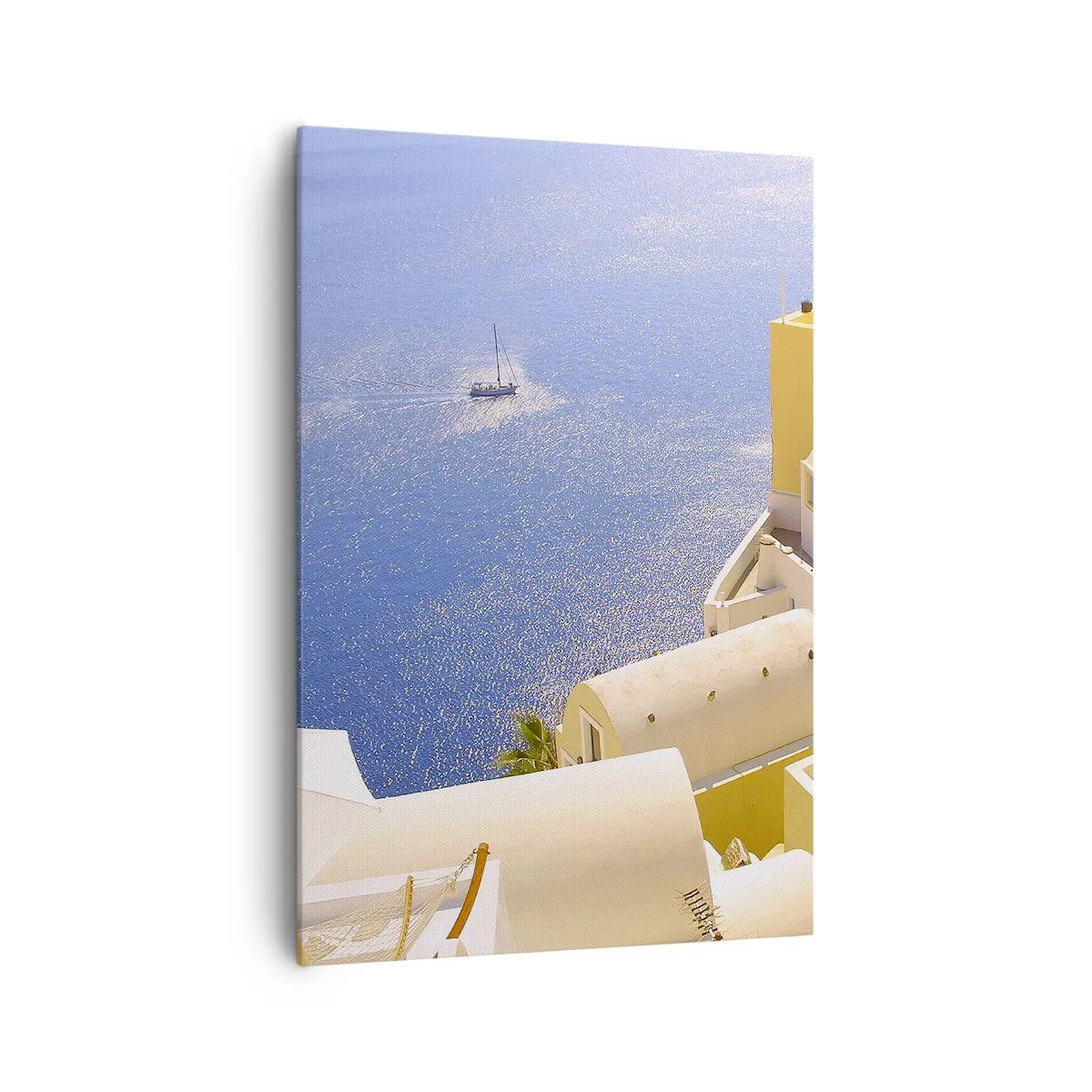 Bild auf Leinwand - Leinwandbild - Griechische Architektur mit Meerblick und einem Boot im Hintergrund - 70x100cm - Griechische Landschaft in Weiß und Blau - Moderne Wanddekoration für Wohnzimmer und Schlafzimmer ARTTOR