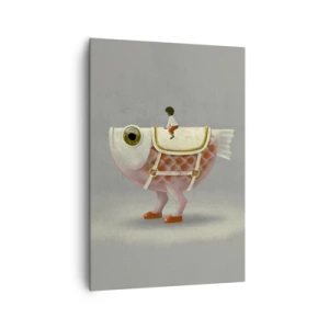 Bild auf Leinwand - Leinwandbild - Ein schicker Fischreiter mit Beinen und Sattel - 70x100cm - Reiter auf einem surrealen Fisch - Moderne Wanddekoration für Wohnzimmer und Schlafzimmer ARTTOR