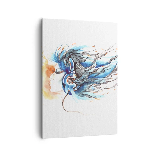 Bild auf Leinwand - Leinwandbild - Künstlerische Grafik einer Frau mit Kopfhörern und musikalischen Akzenten - 50x70cm - Lass die Musik spielen - Moderne Wanddekoration für Wohnzimmer und Schlafzimmer ARTTOR