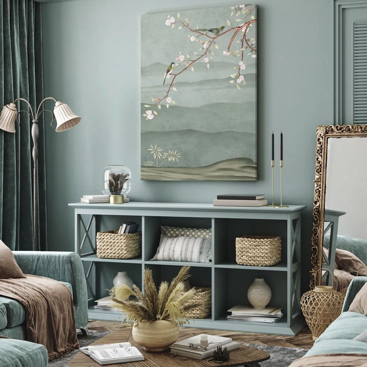 Bild auf Leinwand - Leinwandbild - Ein malerisches Bild eines blühenden Baumzweigs mit Vögeln vor dem Hintergrund grüner Hügel. - 70x100cm - Frühling, oh, du bist es - Moderne Wanddekoration für Wohnzimmer und Schlafzimmer ARTTOR