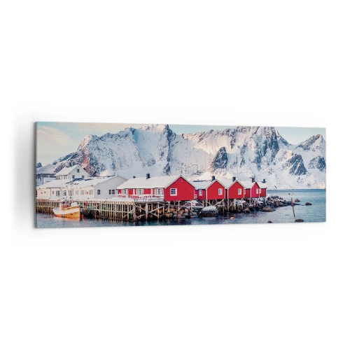Bild auf Leinwand - Leinwandbild - Rote Häuser vor dem Hintergrund schneebedeckter Berge und des blauen Meeres - 160x50cm - Nördlicher Rückzug - Moderne Wanddekoration für Wohnzimmer und Schlafzimmer ARTTOR