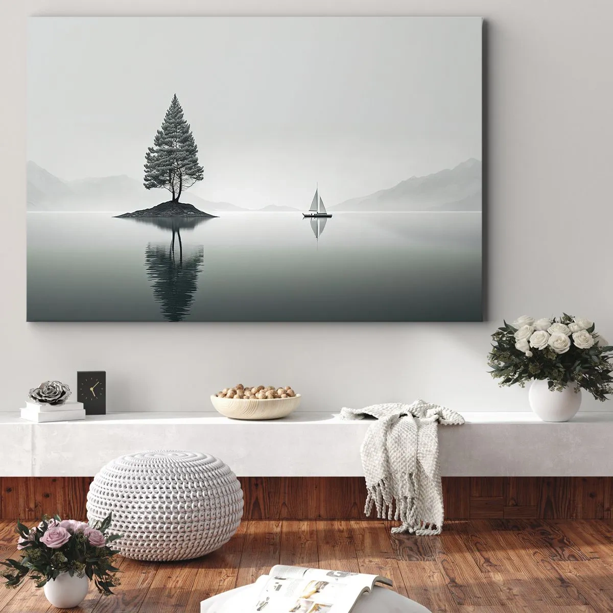 Bild auf Leinwand - Leinwandbild - Eine minimalistische Landschaft mit einem Baum auf einer Insel und einem Segelboot. - 70x50cm - Traum - Moderne Wanddekoration für Wohnzimmer und Schlafzimmer ARTTOR
