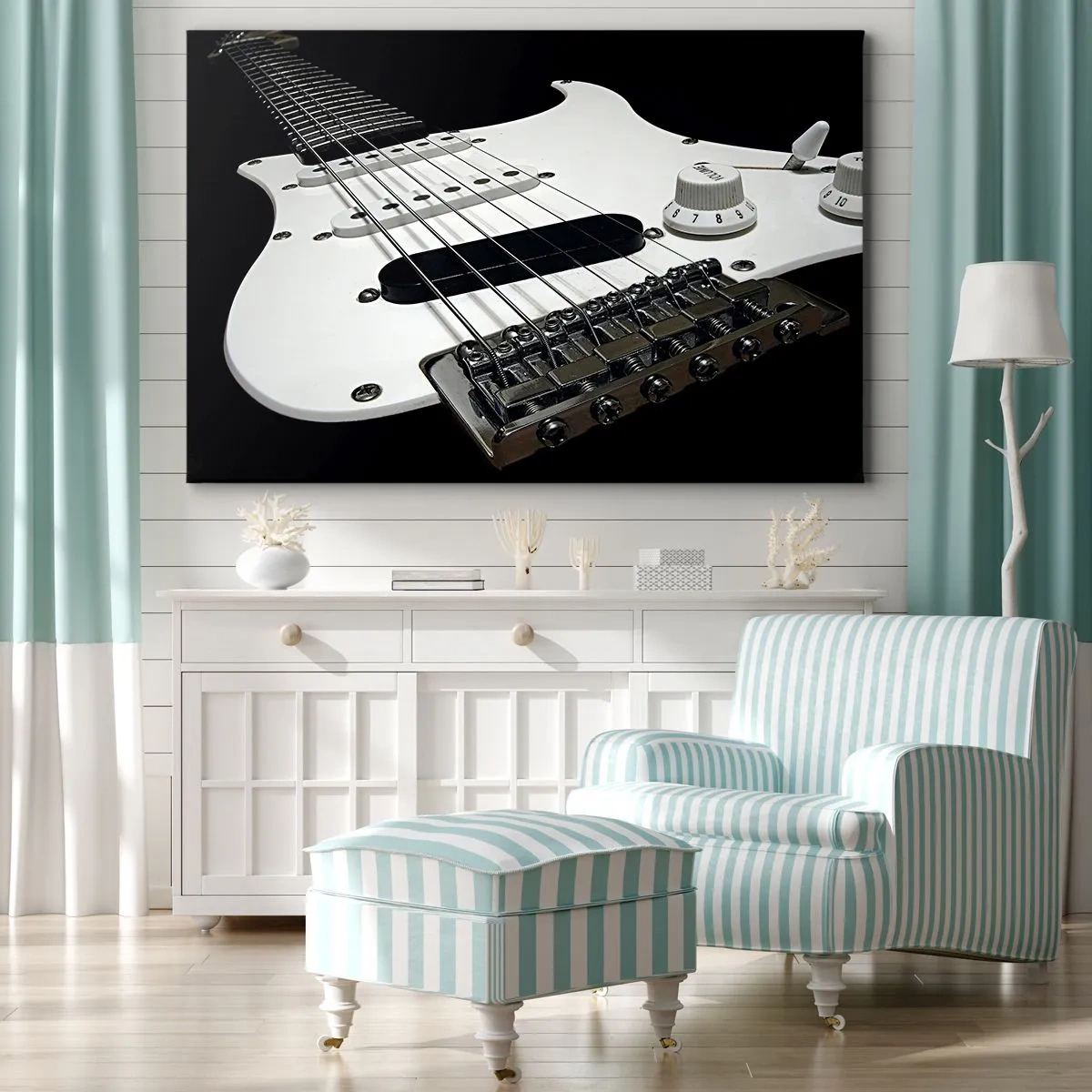 Bild auf Leinwand - Leinwandbild - Nahaufnahme einer weißen E-Gitarre auf schwarzem Hintergrund. - 70x50cm - In Weiß versteckter Ton - Moderne Wanddekoration für Wohnzimmer und Schlafzimmer ARTTOR