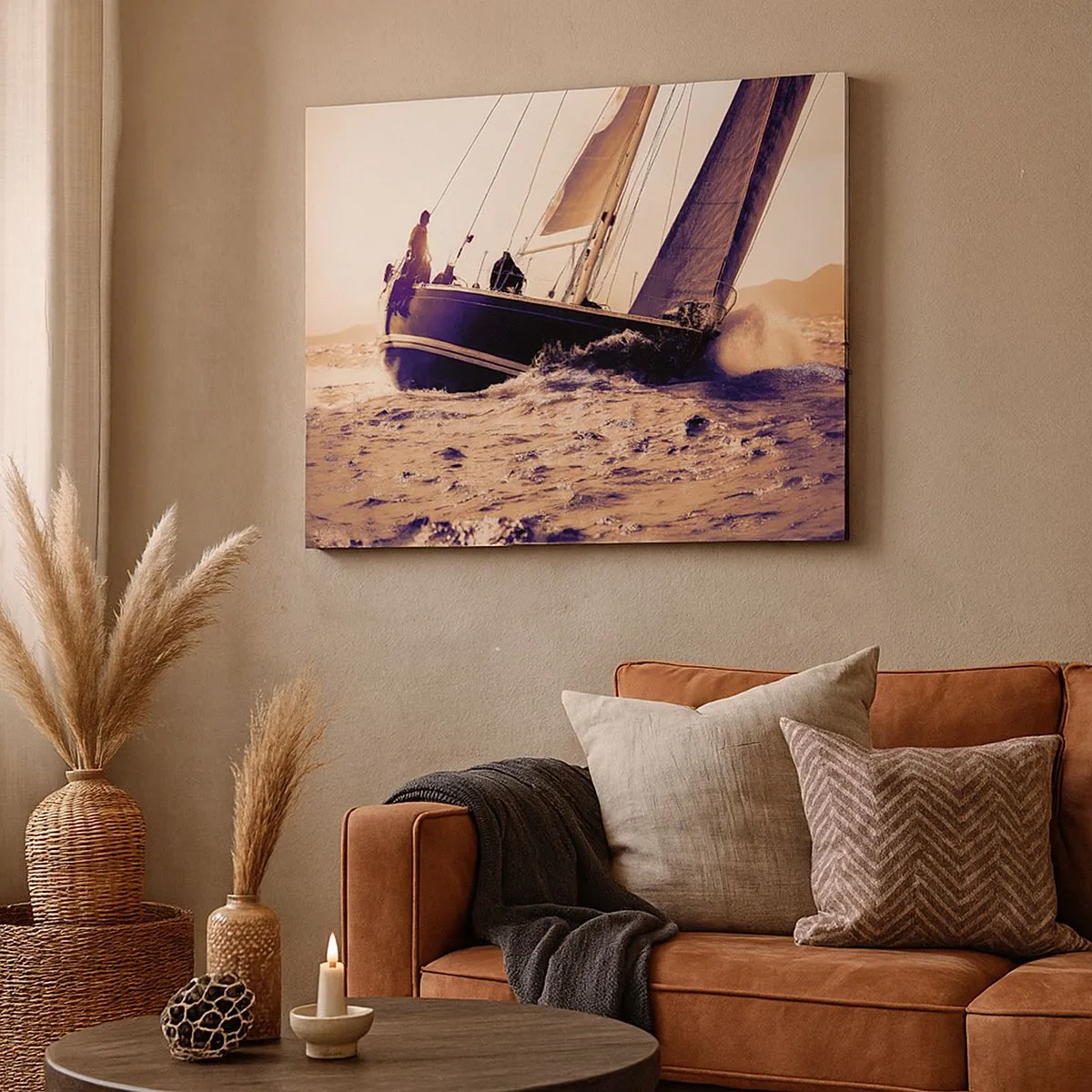 Bild auf Leinwand - Leinwandbild - Eine Yacht auf stürmischer See im Licht der untergehenden Sonne - 70x50cm - Segle, Seemann - Moderne Wanddekoration für Wohnzimmer und Schlafzimmer ARTTOR