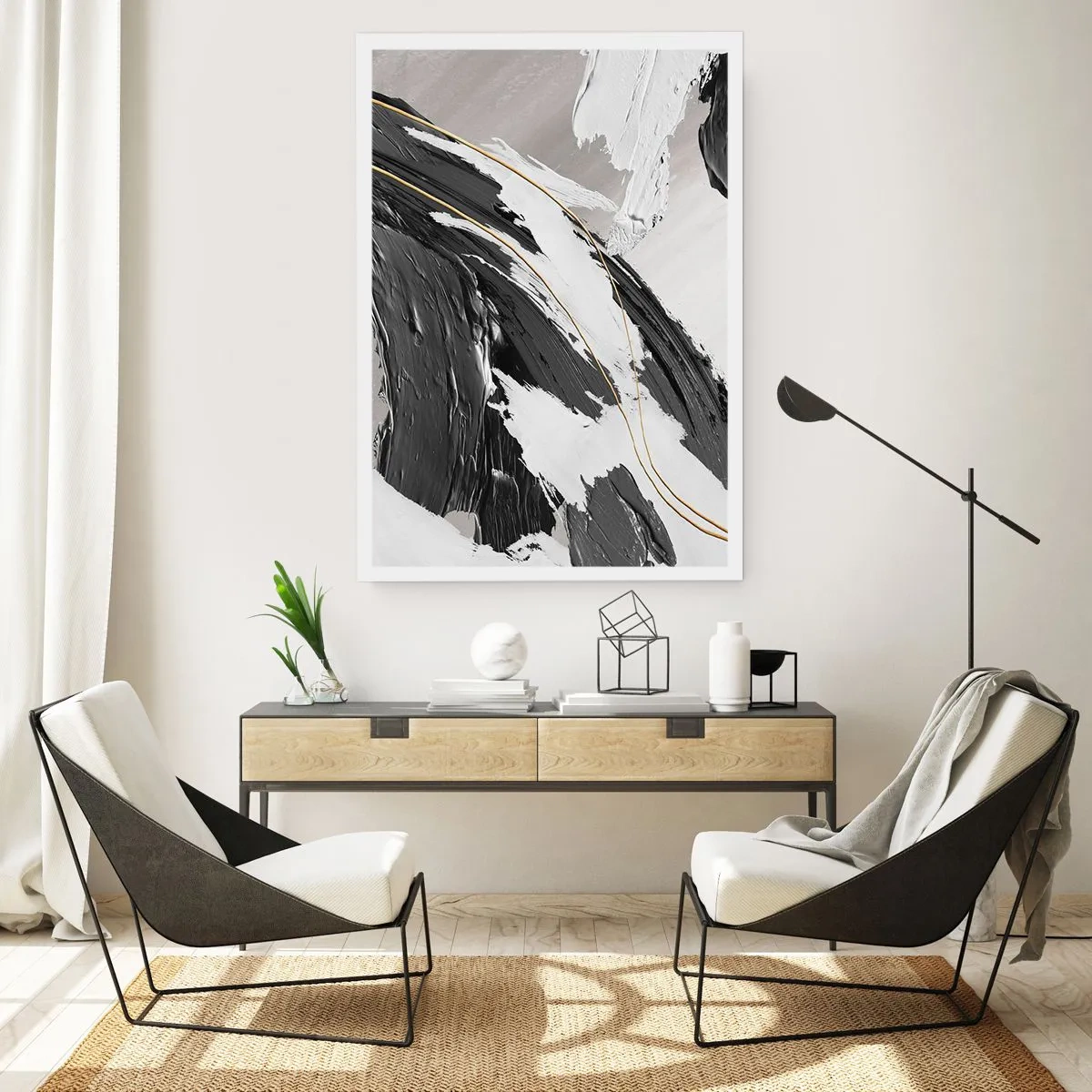 Poster - Abstrakte Pinselstriche in Schwarz, Weiß und Gold - 50x70cm - Abstraktion in großem Stil - Moderne Wanddekoration für Wohnzimmer und Schlafzimmer ARTTOR