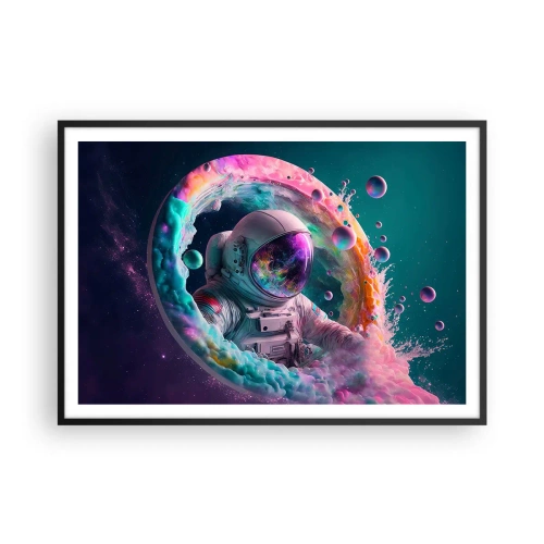 Poster in einem schwarzem Rahmen - Astronaut in einer farbenfrohen kosmischen Aura - 100x70cm - Sternentor - Moderne Wanddekoration für Wohnzimmer und Schlafzimmer ARTTOR