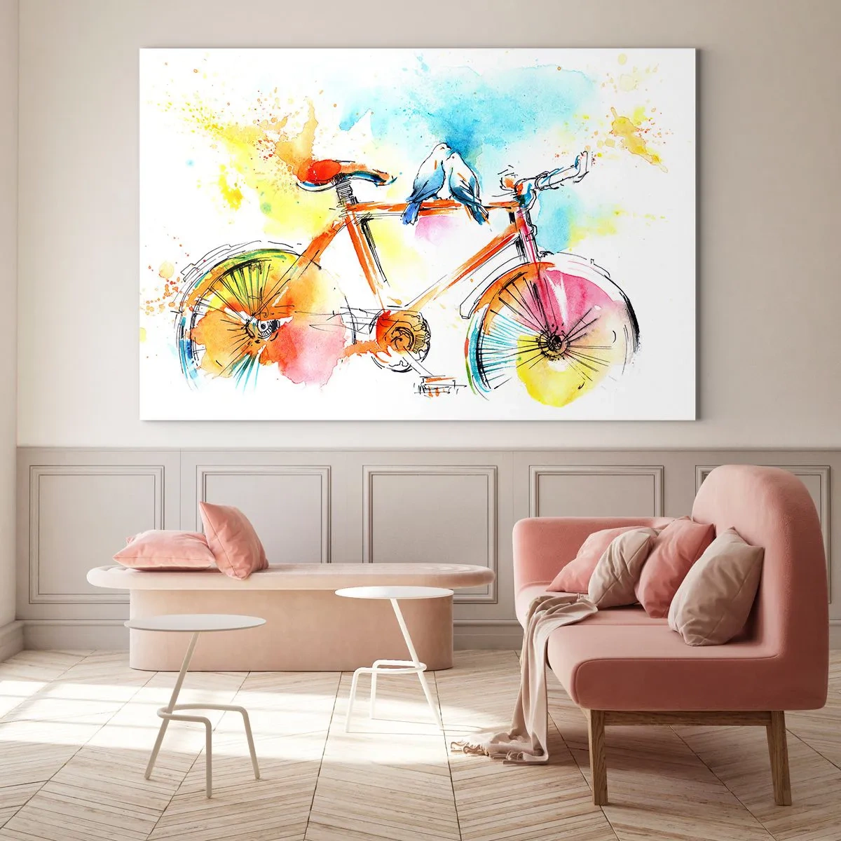 Glasbild - Bild auf glas - Ein buntes Fahrrad mit Vögeln auf dem Lenker - 120x80cm - Fahrrad für zwei - Moderne Wanddekoration für Wohnzimmer und Schlafzimmer ARTTOR