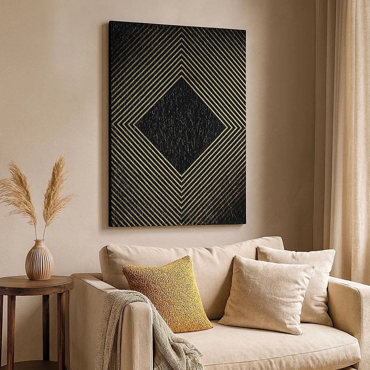 Bild auf Leinwand - Leinwandbild - Schwarzer Hintergrund mit einem geometrischen Muster aus goldenen Linien - 50x70cm - Geometrie im glamourösen Stil - Moderne Wanddekoration für Wohnzimmer und Schlafzimmer ARTTOR