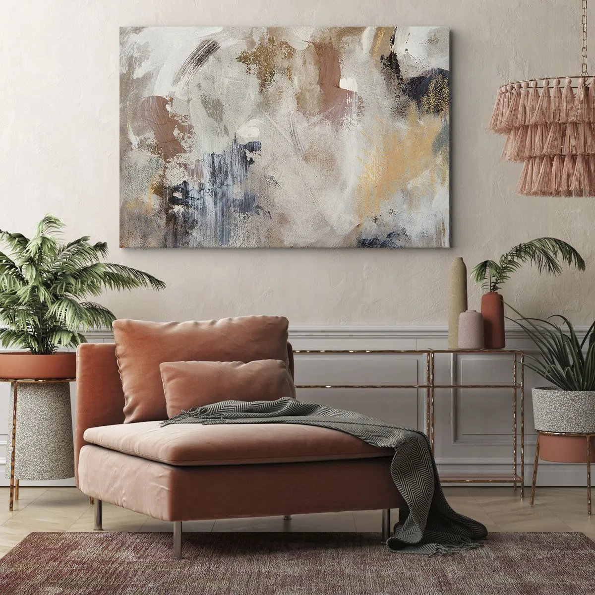 Bild auf Leinwand - Leinwandbild - Abstrakte Punkte in gedeckten Beige- und Goldtönen - 100x70cm - Neblige Abstraktion - Moderne Wanddekoration für Wohnzimmer und Schlafzimmer ARTTOR