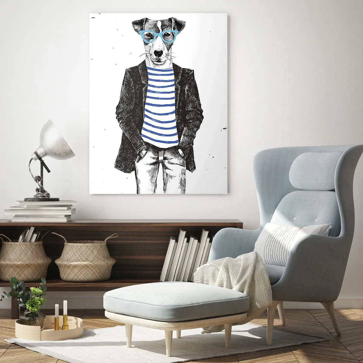 Glasbild - Bild auf glas - Porträt eines Hundes mit Brille und Matrosenhemd im humorvollen Stil - 70x100cm - Auf den Charme des Hundes - Moderne Wanddekoration für Wohnzimmer und Schlafzimmer ARTTOR