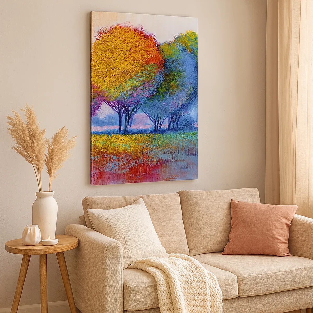 Bild auf Leinwand - Leinwandbild - Bunte Bäume in einer impressionistischen Landschaft - 50x70cm - Ein Haufen leuchtender Farben - Moderne Wanddekoration für Wohnzimmer und Schlafzimmer ARTTOR