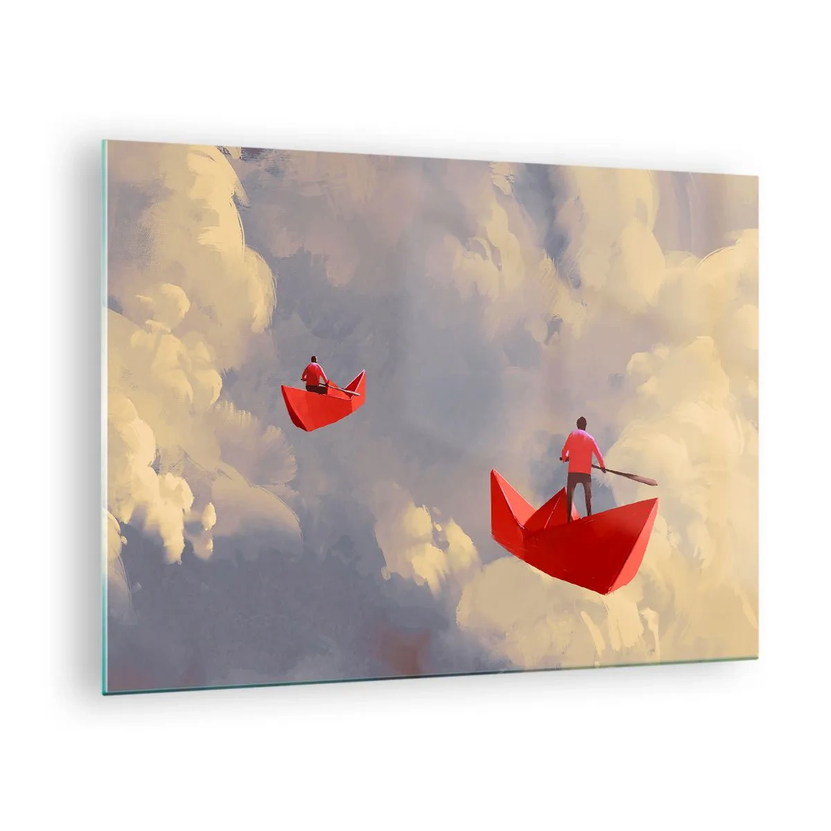 Glasbild - Bild auf glas - Zwei Menschen in roten Booten vor einem bewölkten Himmel - 70x50cm - Expedition der Träumer - Moderne Wanddekoration für Wohnzimmer und Schlafzimmer ARTTOR