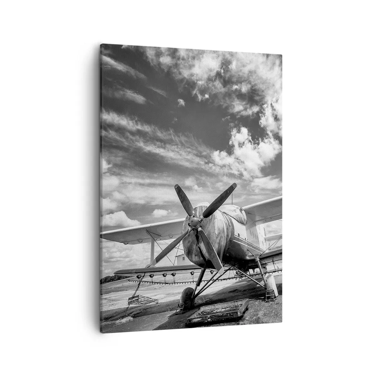 Bild auf Leinwand - Leinwandbild - Ein altes Flugzeug auf dem Flughafen in Schwarz und Weiß - 50x70cm - Ich kann es kaum erwarten! - Moderne Wanddekoration für Wohnzimmer und Schlafzimmer ARTTOR