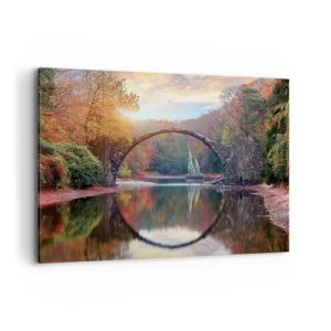 Bild auf Leinwand - Leinwandbild - Eine Steinbrücke in einer Herbstlandschaft über ruhigem Wasser - 100x70cm - Auf der anderen Seite des Spiegels - Moderne Wanddekoration für Wohnzimmer und Schlafzimmer ARTTOR