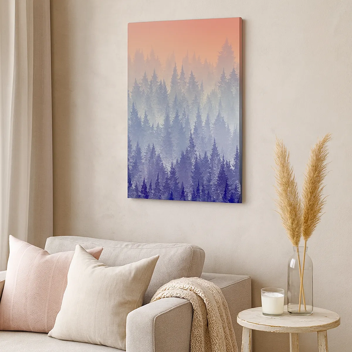Bild auf Leinwand - Leinwandbild - Ein nebliger Wald in Lila- und Orangetönen - 50x70cm - Hoch, höher, zum Himmel - Moderne Wanddekoration für Wohnzimmer und Schlafzimmer ARTTOR