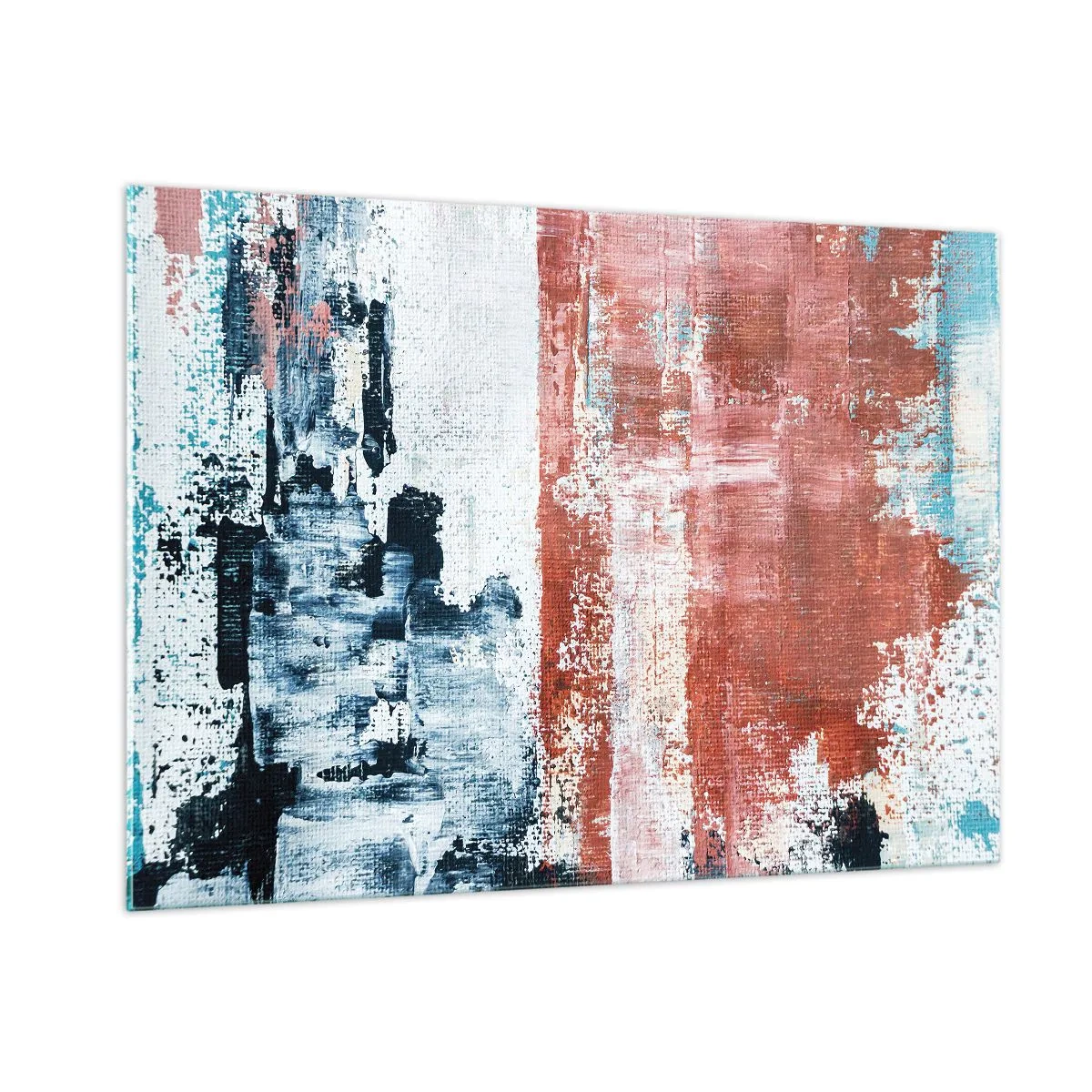 Glasbild - Bild auf glas - Eine abstrakte Kombination aus Blau und Rostrot - 100x70cm - Fünfzig-Fünfzig abstrakt - Moderne Wanddekoration für Wohnzimmer und Schlafzimmer ARTTOR