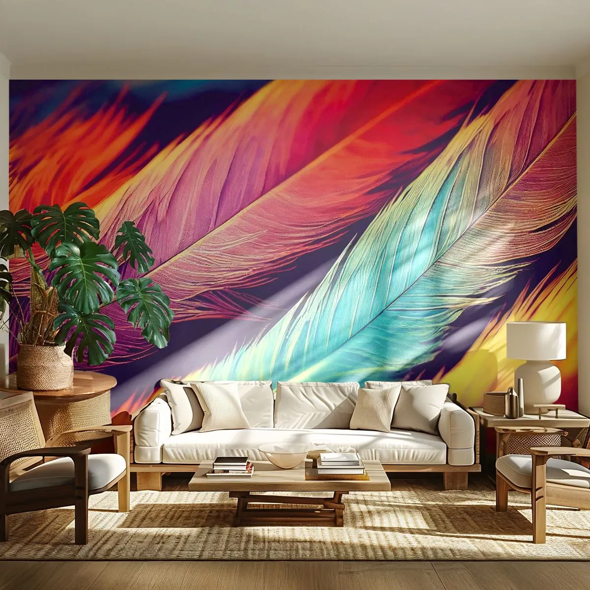 Fototapete Premium Sand - Bunte Federn in einem regenbogenähnlichen Muster angeordnet - 100x70cm - Gefiederter Regenbogen - Moderne Wanddekoration für Wohnzimmer und Schlafzimmer ARTTOR