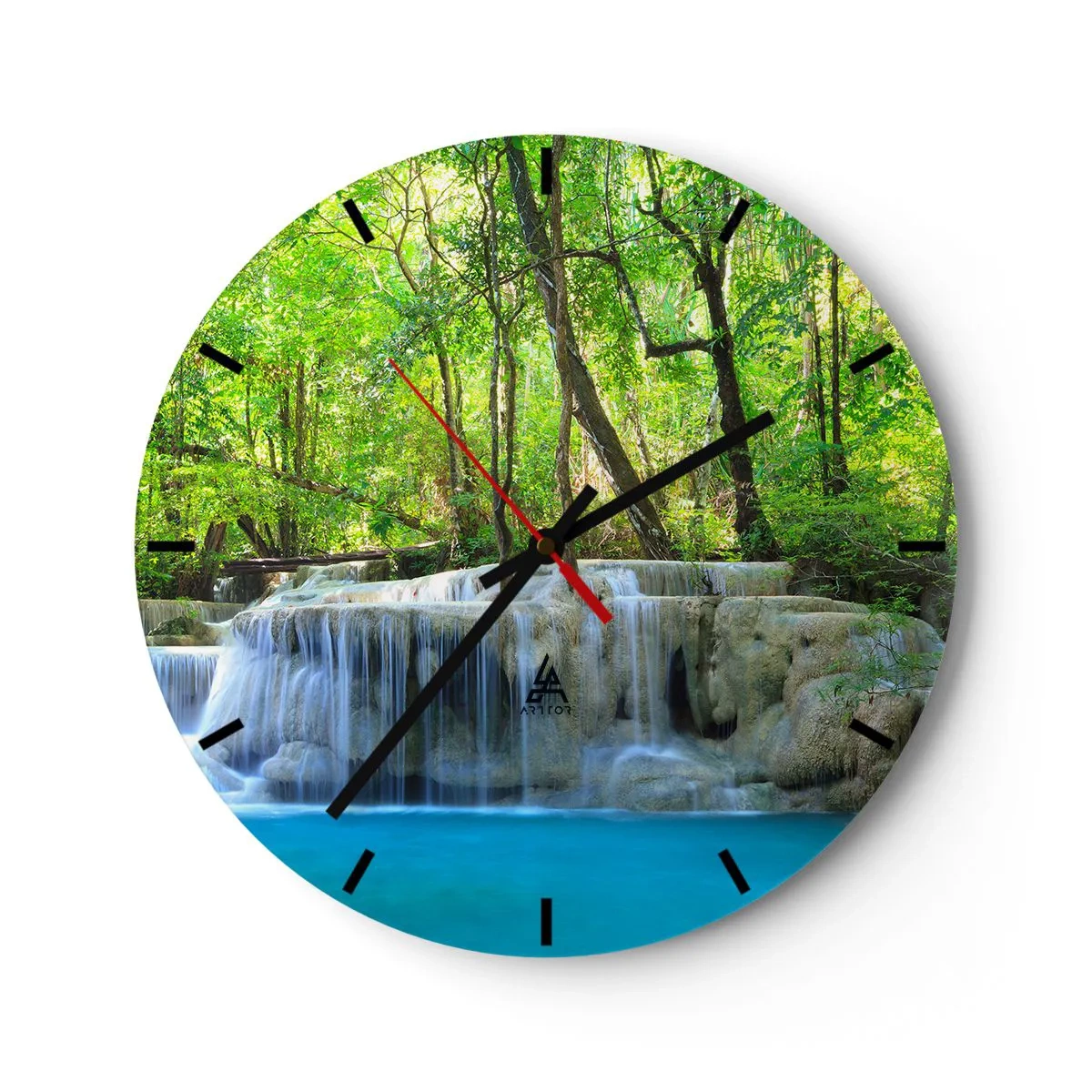 Wanduhr - Glasuhr - Ein Wasserfall, umgeben von grünem Wald und türkisfarbenem Wasser - 30x30cm - In Türkis und Grün ertrinken - Moderne Wanddekoration für Wohnzimmer, Küche und Schlafzimmer ARTTOR