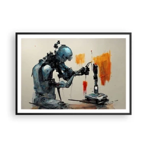 Poster in einem schwarzem Rahmen - Roboter bei der Arbeit mit abstraktem Hintergrund - 100x70cm - Schon morgen… - Moderne Wanddekoration für Wohnzimmer und Schlafzimmer ARTTOR
