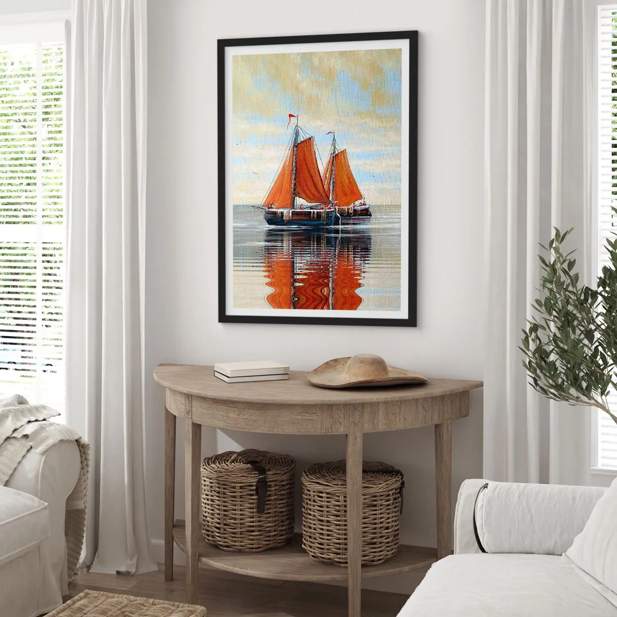 Poster in einem schwarzem Rahmen - Segelboote auf ruhigem Wasser mit roten Segeln - 50x70cm - Hey, Segel, Matrose ... - Moderne Wanddekoration für Wohnzimmer und Schlafzimmer ARTTOR