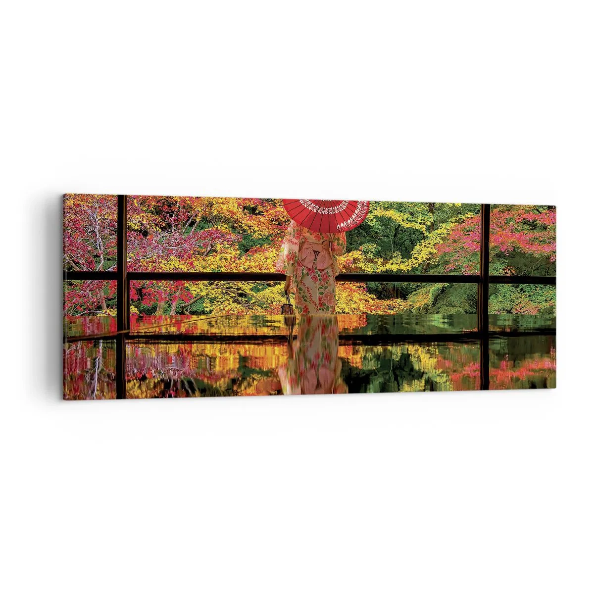 Bild auf Leinwand - Leinwandbild - Eine Frau im Kimono mit Regenschirm vor dem Hintergrund einer Herbstlandschaft. - 140x50cm - Im Tempel der Natur - Moderne Wanddekoration für Wohnzimmer und Schlafzimmer ARTTOR