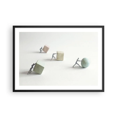 Poster in einem schwarzem Rahmen - Miniaturfiguren, die Formen vor einem hellen Hintergrund schieben - 70x50cm - Pures Leben - Moderne Wanddekoration für Wohnzimmer und Schlafzimmer ARTTOR