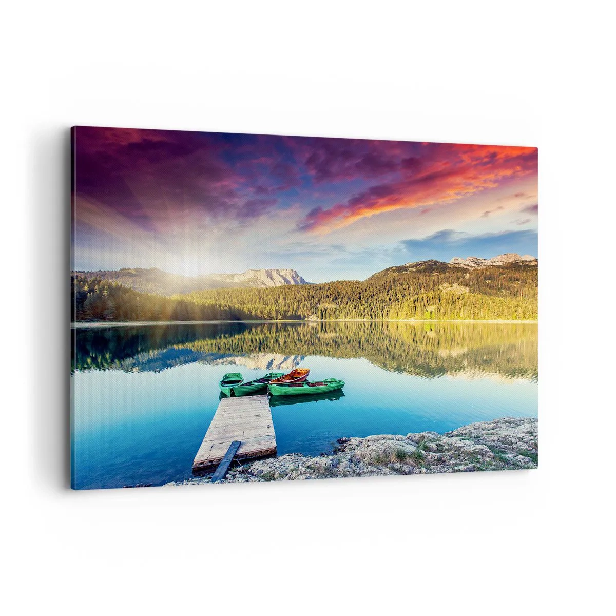 Bild auf Leinwand - Leinwandbild - Sonnenuntergang über dem See mit Booten am Pier - 120x80cm - Glatt wie ein Spiegel über dem Wasser - Moderne Wanddekoration für Wohnzimmer und Schlafzimmer ARTTOR