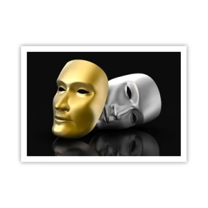 Poster - Gold- und Silbermaske auf schwarzem Hintergrund - 100x70cm - Das Leben ist wie ein Theater - Moderne Wanddekoration für Wohnzimmer und Schlafzimmer ARTTOR