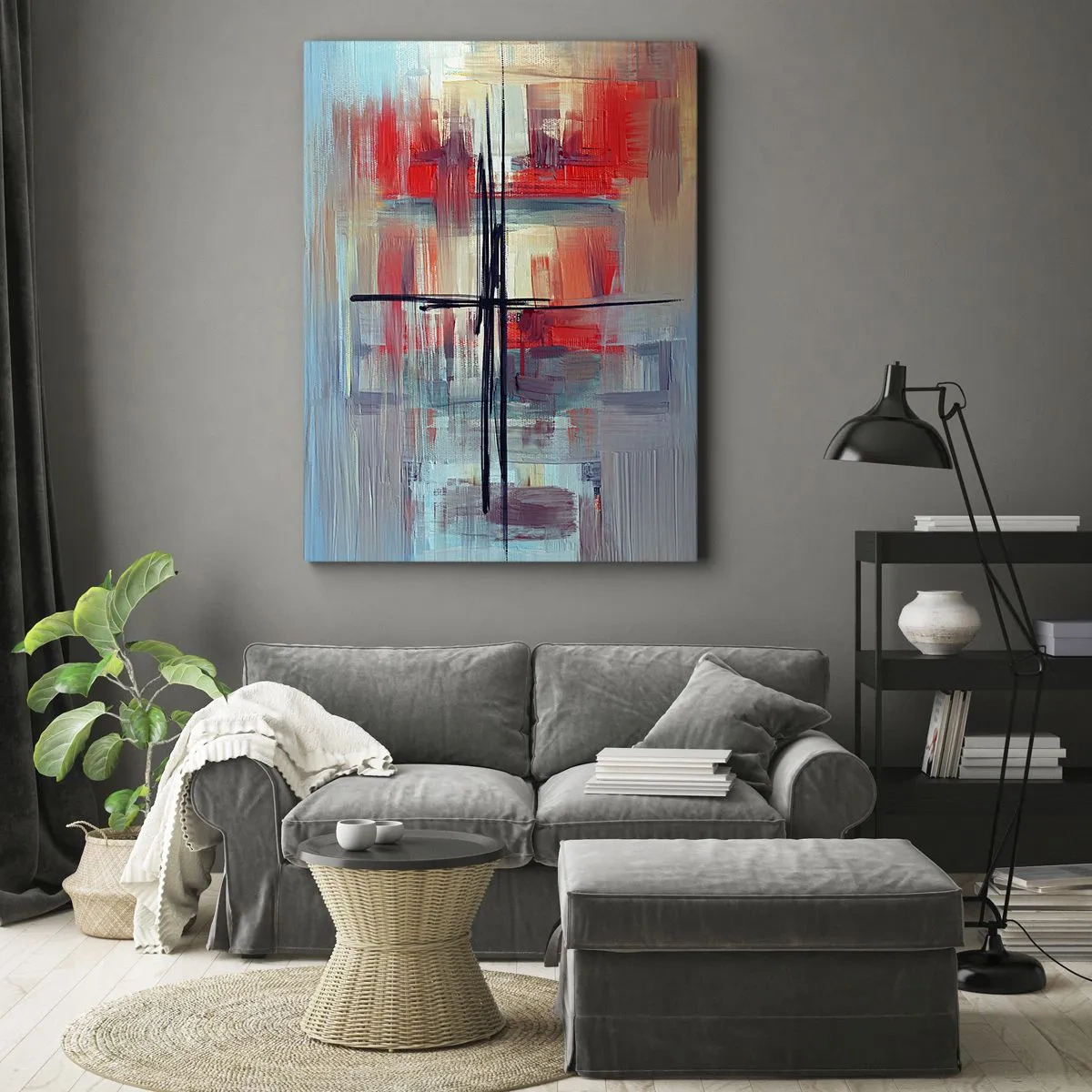 Bild auf Leinwand - Leinwandbild - Eine abstrakte Komposition mit intensiven Farben, Linien und geometrischen Formen. - 50x70cm - Landschaft in einer unbekannten Dimension - Moderne Wanddekoration für Wohnzimmer und Schlafzimmer ARTTOR