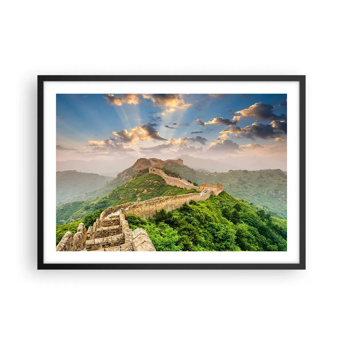 Poster in einem schwarzem Rahmen - Die Chinesische Mauer im Sonnenlicht in einer malerischen Landschaft - 70x50cm - Ewige Größe - Moderne Wanddekoration für Wohnzimmer und Schlafzimmer ARTTOR