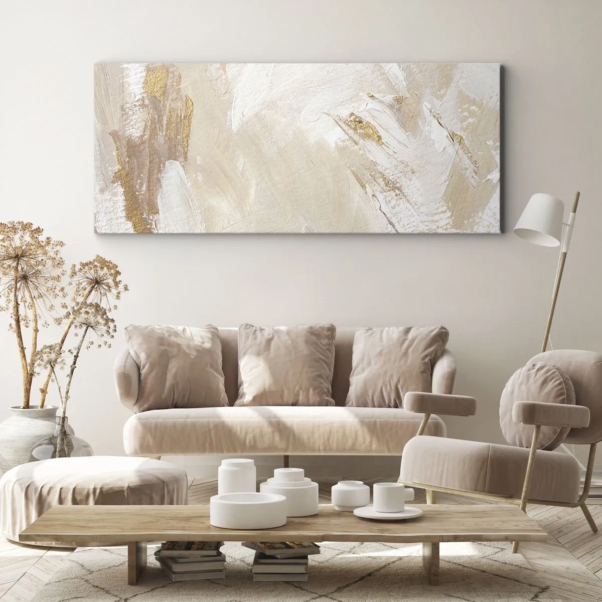 Bild auf Leinwand - Leinwandbild - Zarte abstrakte Töne in Beige- und Goldtönen - 160x50cm - Pastellkomposition - Moderne Wanddekoration für Wohnzimmer und Schlafzimmer ARTTOR