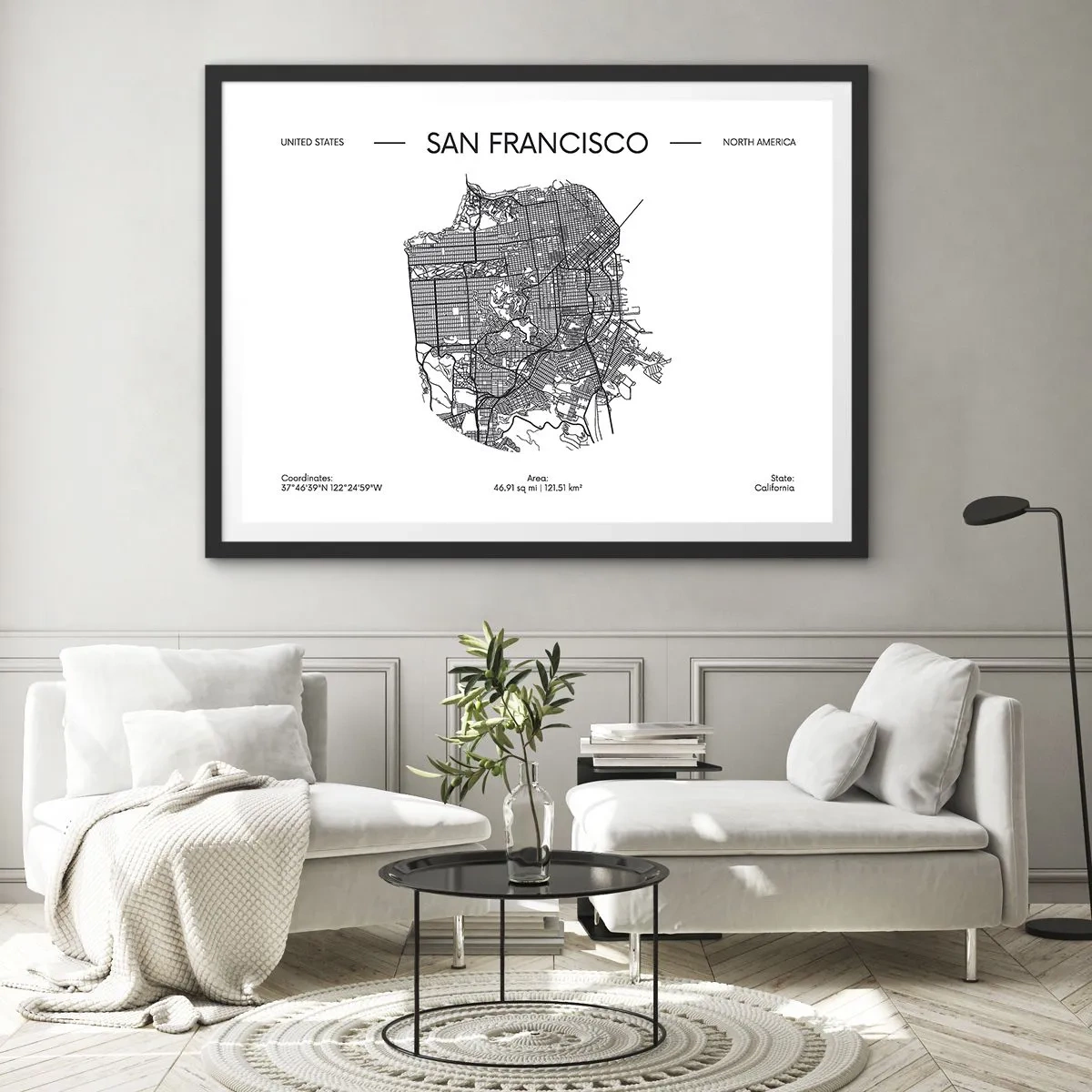 Poster in einem schwarzem Rahmen - Eine Karte von San Francisco im minimalistischen Schwarz-Weiß-Stil. - 70x50cm - Anatomie von San Francisco - Moderne Wanddekoration für Wohnzimmer und Schlafzimmer ARTTOR