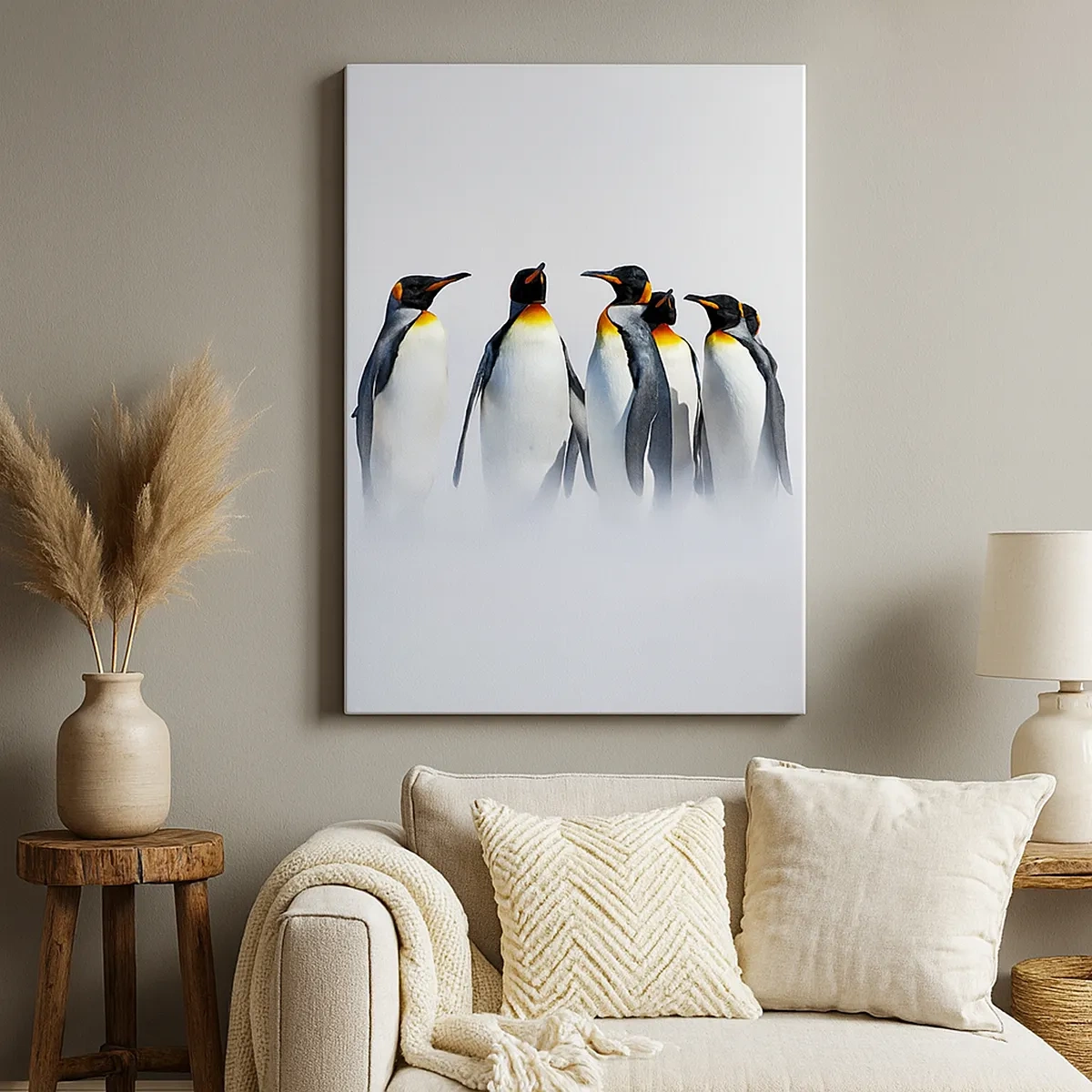Bild auf Leinwand - Leinwandbild - Eine Gruppe Kaiserpinguine im Winternebel - 50x70cm - Treffen in Abendkleidern - Moderne Wanddekoration für Wohnzimmer und Schlafzimmer ARTTOR