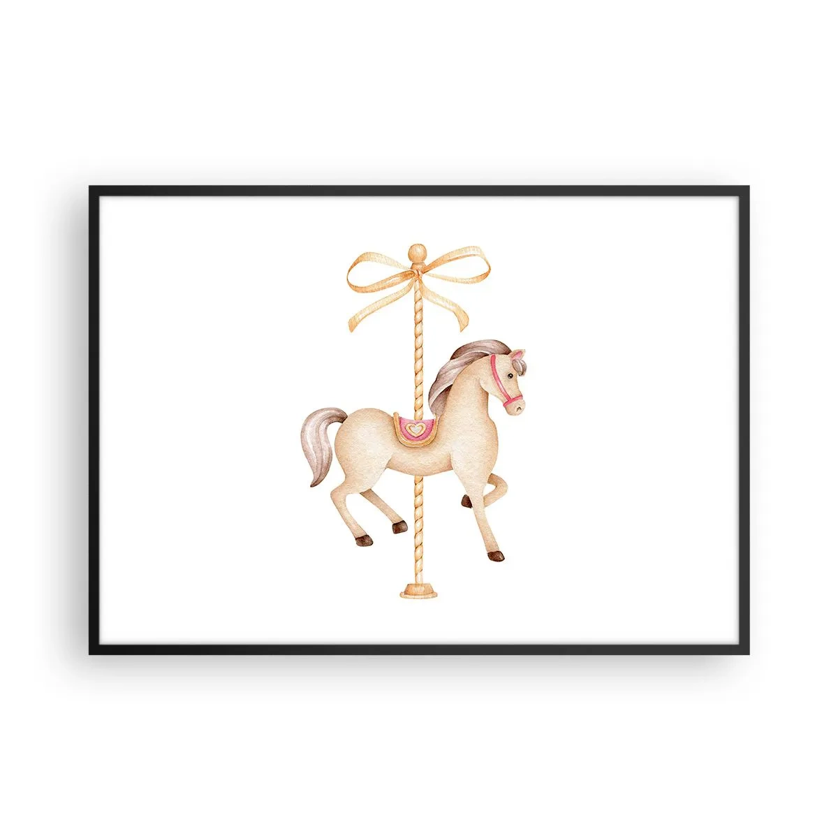 Poster in einem schwarzem Rahmen - Ein Karussellpferd mit Schleife in zarten Pastelltönen - 100x70cm - Anmutiger Trab - Moderne Wanddekoration für Wohnzimmer und Schlafzimmer ARTTOR