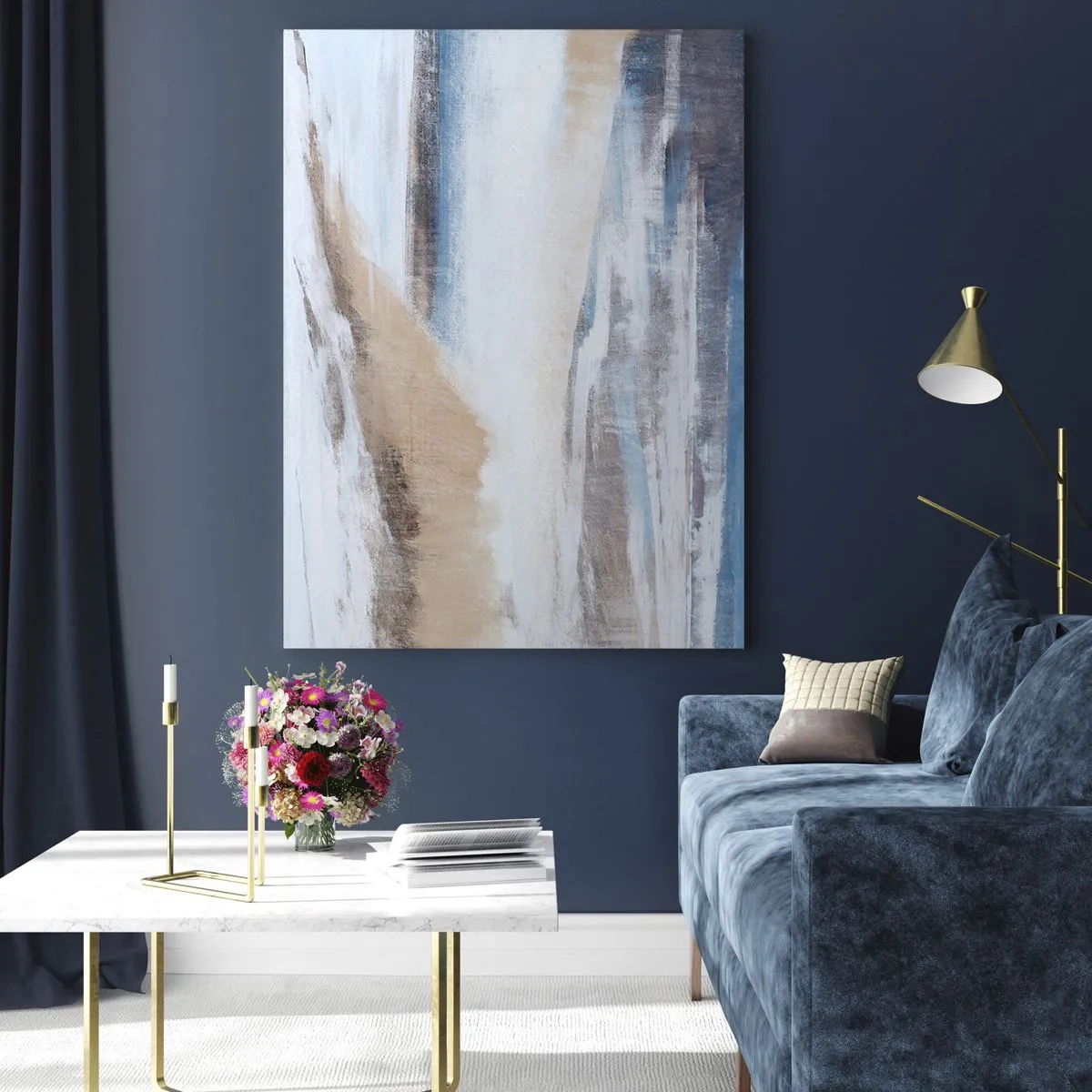 Glasbild - Bild auf glas - Eine zarte Abstraktion in kühlen Beige- und Blautönen. - 50x70cm - Winterkomposition - Moderne Wanddekoration für Wohnzimmer und Schlafzimmer ARTTOR