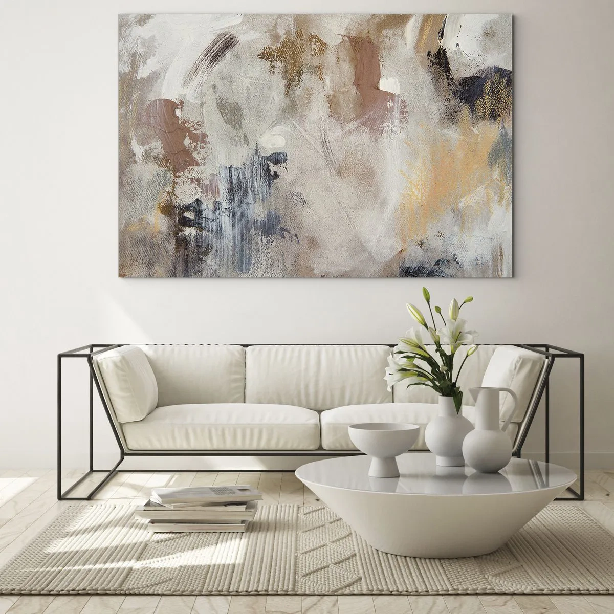 Glasbild - Bild auf glas - Beige und braune abstrakte Komposition in einem verschwommenen Stil - 70x50cm - Neblige Abstraktion - Moderne Wanddekoration für Wohnzimmer und Schlafzimmer ARTTOR