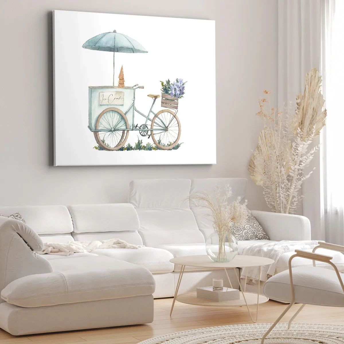 Bild auf Leinwand - Leinwandbild - Ein Fahrrad mit Eis und Blumen unter einem Regenschirm in zarten Pastellfarben - 120x80cm - Süße Erinnerung an den Sommer - Moderne Wanddekoration für Wohnzimmer und Schlafzimmer ARTTOR