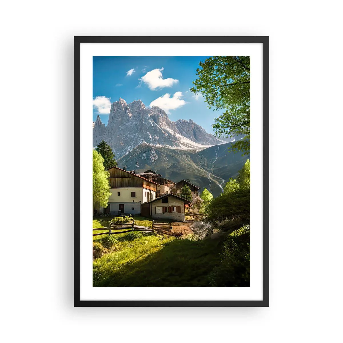 Poster in einem schwarzem Rahmen - Ein Bergdorf am Fuße majestätischer Gipfel - 50x70cm - Alpenidylle - Moderne Wanddekoration für Wohnzimmer und Schlafzimmer ARTTOR