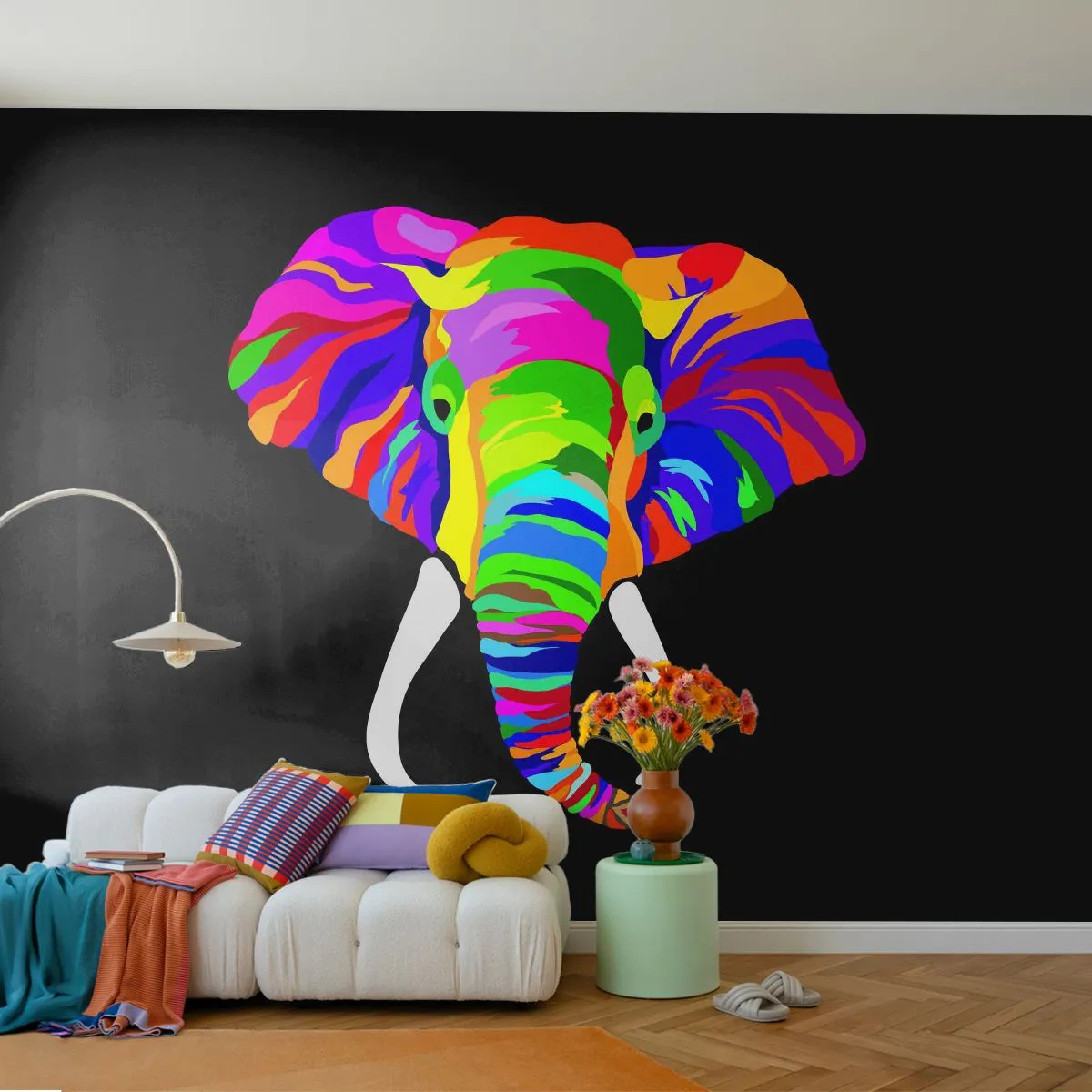 Fototapete Premium Sand - Der Elefant, der es liebte, im Regenbogen zu baden - Tiere, Elefant, Buntes Bild - 350x256 cm