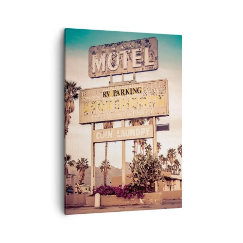 Bild auf Leinwand - Leinwandbild - Retro-Motelschild, umgeben von Palmen - 50x70cm - Hier ist die Zeit stehen geblieben - Moderne Wanddekoration für Wohnzimmer und Schlafzimmer ARTTOR