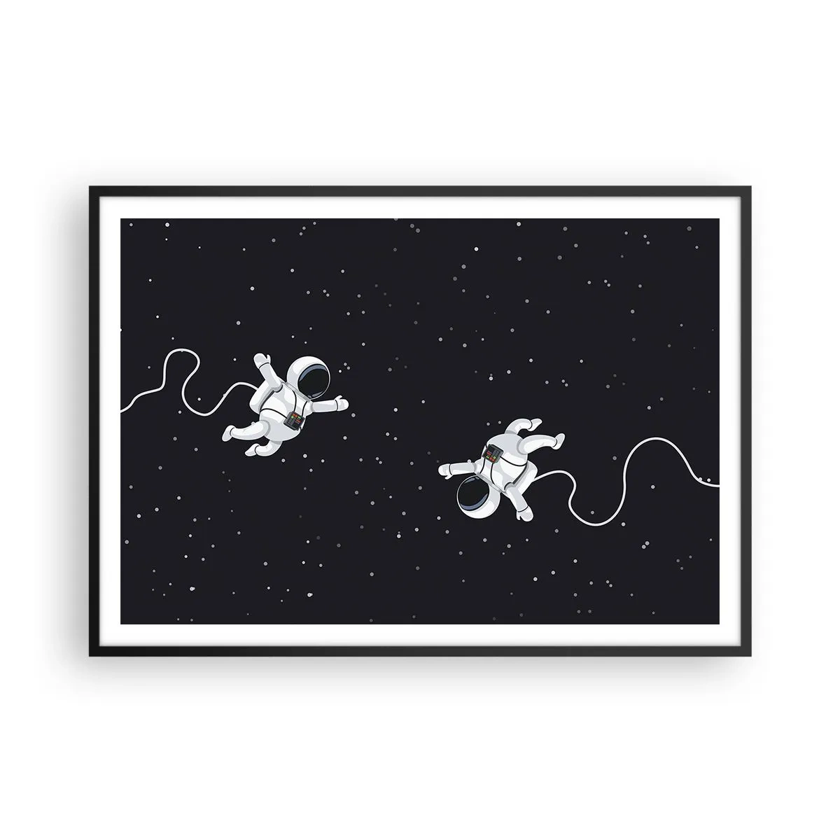 Poster in einem schwarzem Rahmen - Astronauten schweben im Weltraum vor dem Hintergrund der Sterne - 100x70cm - Kosmischer Tanz - Moderne Wanddekoration für Wohnzimmer und Schlafzimmer ARTTOR