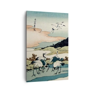 Bild auf Leinwand - Leinwandbild - Traditionelle japanische Grafik mit Bergen und Kranichen - 80x120cm - Im japanischen Geist - Moderne Wanddekoration für Wohnzimmer und Schlafzimmer ARTTOR