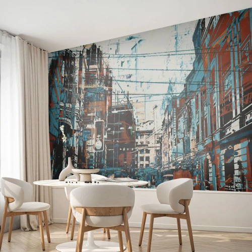 Fototapete Premium Sand - Abstraktes Stadtpanorama in Blau- und Brauntönen - 100x70cm - Ein abgenutzter Stadtwanderweg - Moderne Wanddekoration für Wohnzimmer und Schlafzimmer ARTTOR