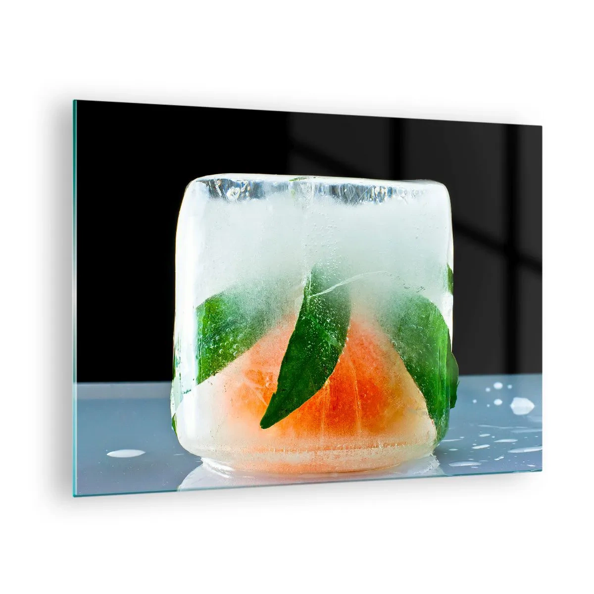 Glasbild - Bild auf glas - Früchte und Blätter in klarem Eis eingefroren - 70x50cm - Frisch und kühl - Moderne Wanddekoration für Wohnzimmer und Schlafzimmer ARTTOR