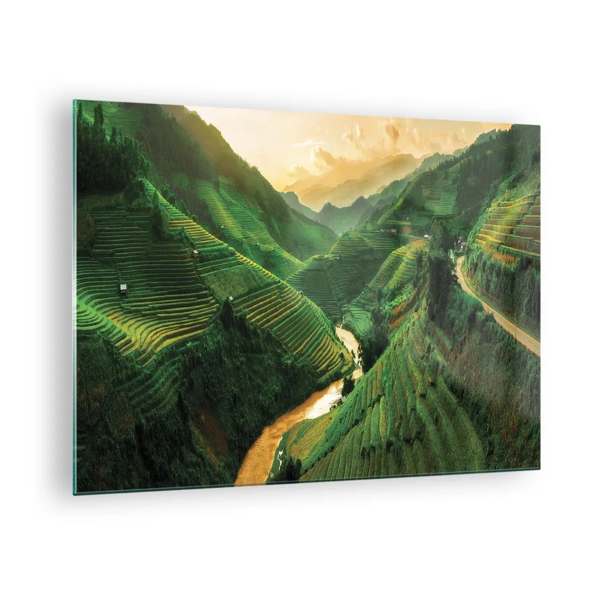 Glasbild - Bild auf glas - Malerische Reisterrassen im Tal bei Sonnenuntergang - 70x50cm - Vietnamesisches Tal - Moderne Wanddekoration für Wohnzimmer und Schlafzimmer ARTTOR