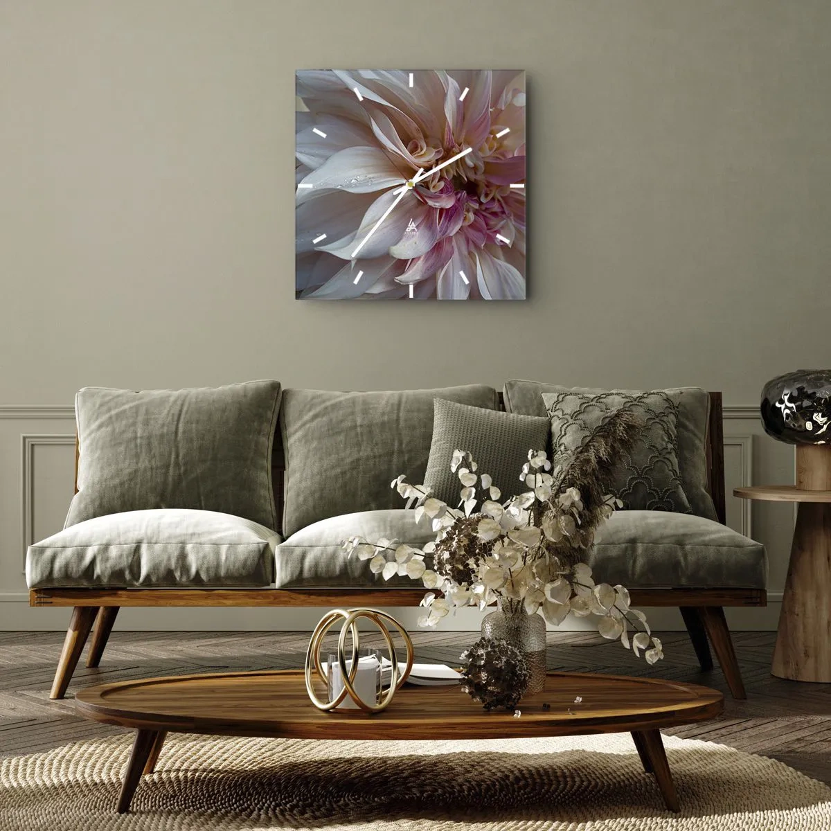 Wanduhr - Glasuhr - Nahaufnahme von zarten rosa Blütenblättern mit Wassertropfen - 30x30cm - Blühende Frische - Moderne Wanddekoration für Wohnzimmer und Schlafzimmer ARTTOR
