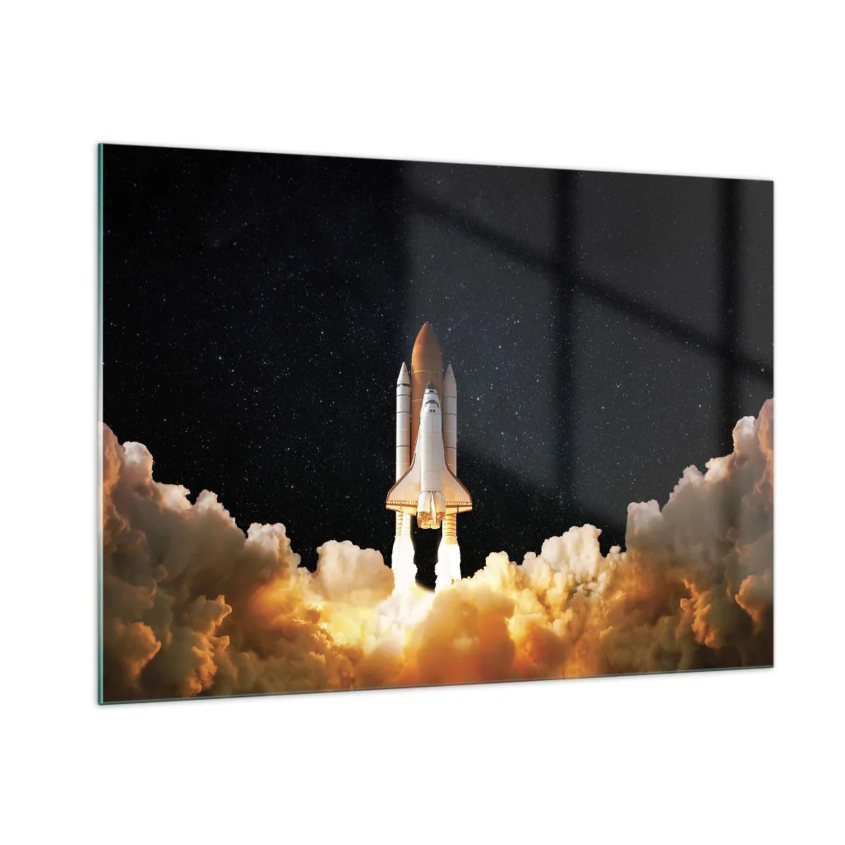 Glasbild - Bild auf glas - Ein Space Shuttle hebt vor einem Sternenhimmel ab - 100x70cm - Ad Astra! - Moderne Wanddekoration für Wohnzimmer und Schlafzimmer ARTTOR