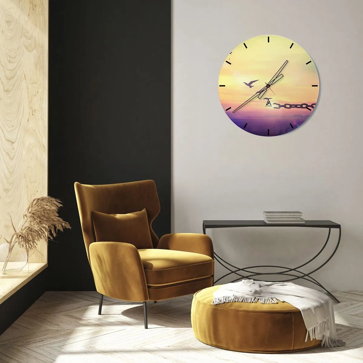 Wanduhr - Glasuhr - Vögel im Hintergrund eines Sonnenuntergangs mit einer gebrochenen Kette - 30x30cm - Der Sieg der Freiheit - Moderne Wanddekoration für Wohnzimmer, Küche und Schlafzimmer ARTTOR