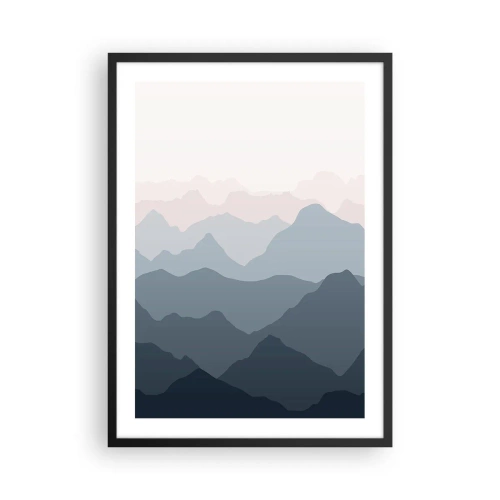 Poster in einem schwarzem Rahmen - Geschichtete Bergketten in Blau- und Grautönen - 50x70cm - Wellen der Berge - Moderne Wanddekoration für Wohnzimmer und Schlafzimmer ARTTOR