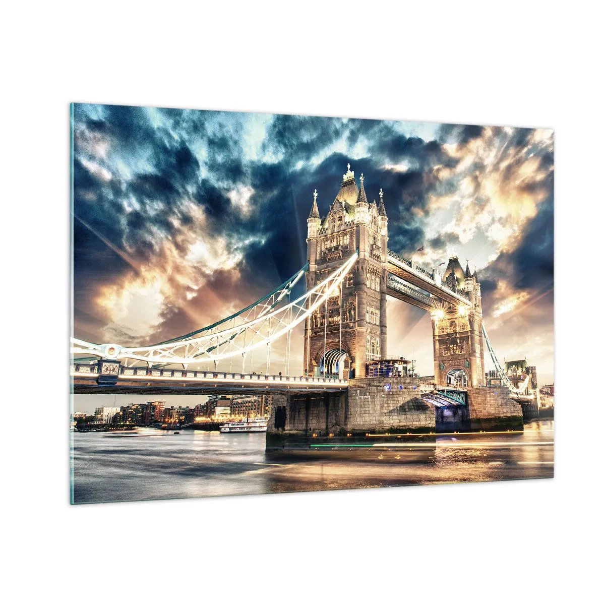 Glasbild - Bild auf glas - Tower Bridge in London vor dramatischem Himmel - 100x70cm - Denkmal des viktorianischen Imperiums - Moderne Wanddekoration für Wohnzimmer und Schlafzimmer ARTTOR